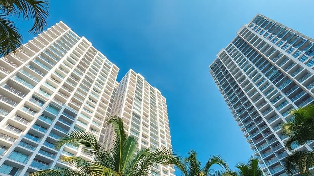 Modern condominium towers in Thailand seen from below against a clear sky