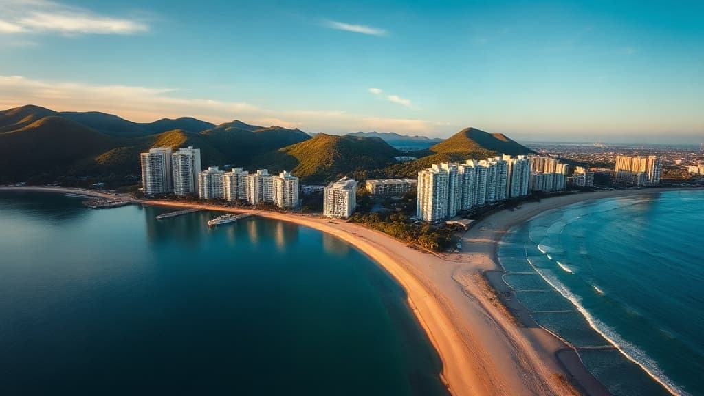 Aerial view of Pattaya bay, with condominium towers along the shoreline and green hills behind